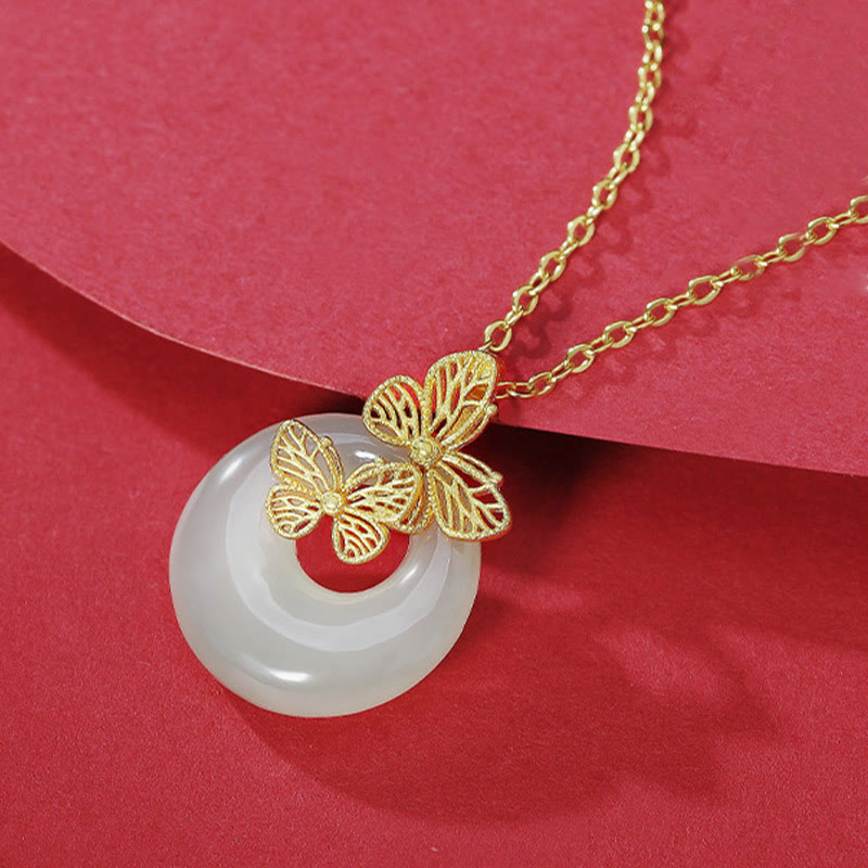 Buddha Stones 925 Sterling Silver Natural Hetian Jade Butterfly Prosperity Necklace Pendant - image 1