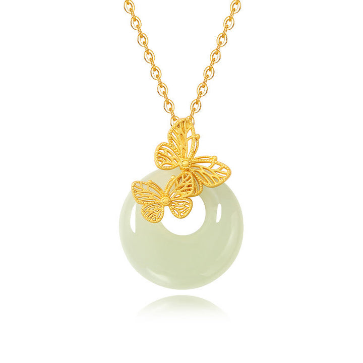 Buddha Stones 925 Sterling Silver Natural Hetian Jade Butterfly Prosperity Necklace Pendant - image 4