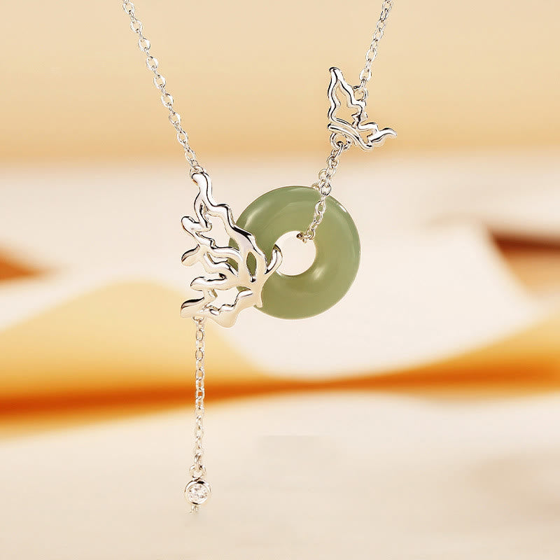 Buddha Stones 925 Sterling Silver Natural Hetian Jade Peace Buckle Butterfly Abundance Necklace Pendant - Jade(Prosperity♥Abundance) - image 0