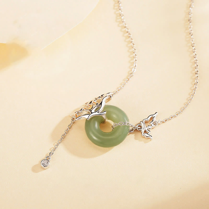 Buddha Stones 925 Sterling Silver Natural Hetian Jade Peace Buckle Butterfly Abundance Necklace Pendant - image 1