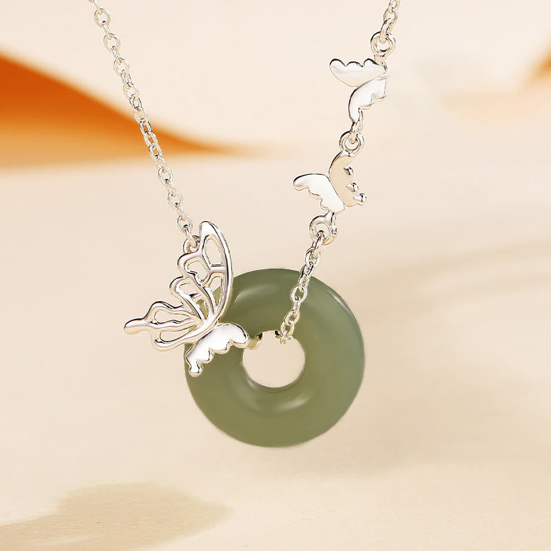 Buddha Stones 925 Sterling Silver Natural Hetian Jade Peace Buckle Butterfly Luck Prosperity Bracelet Necklace Pendant - Jade Necklace - image 0