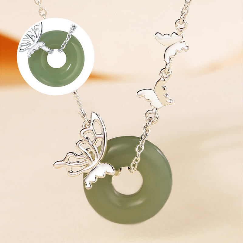 Buddha Stones 925 Sterling Silver Natural Hetian Jade Peace Buckle Butterfly Luck Prosperity Bracelet Necklace Pendant - image 2