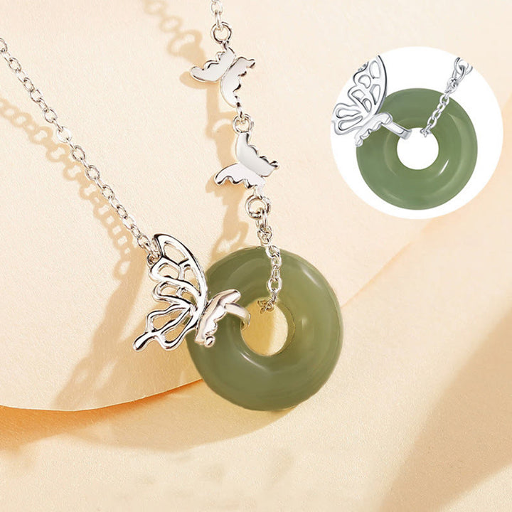 Buddha Stones 925 Sterling Silver Natural Hetian Jade Peace Buckle Butterfly Luck Prosperity Bracelet Necklace Pendant - image 3