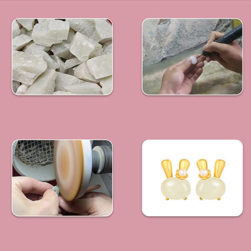 Buddha Stones 925 Sterling Silver Natural Hetian Jade Cute Rabbit Pearl Abundance Earrings - image 9