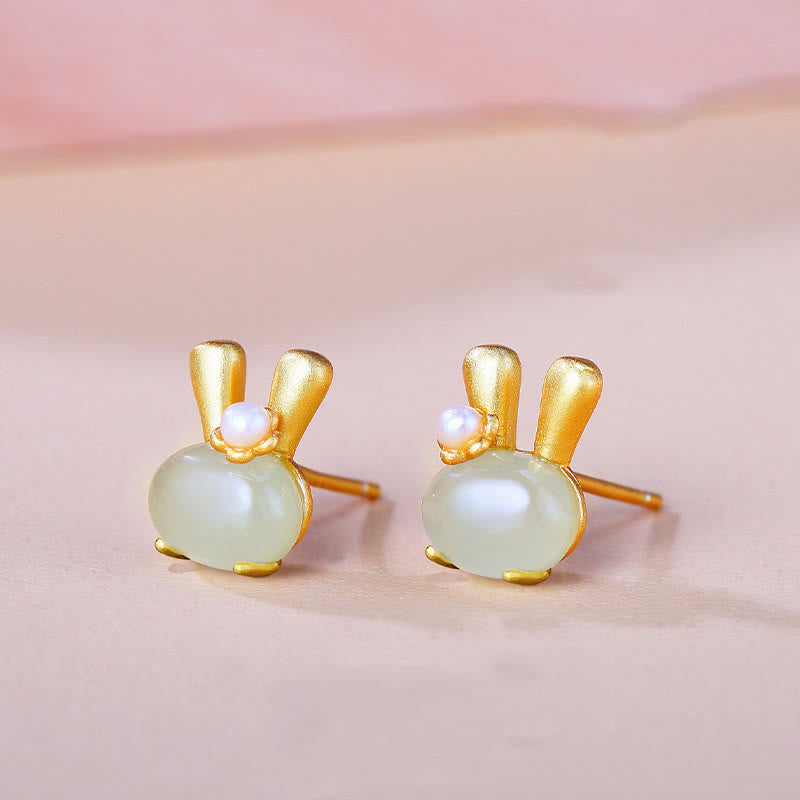Buddha Stones 925 Sterling Silver Natural Hetian Jade Cute Rabbit Pearl Abundance Earrings - image 2