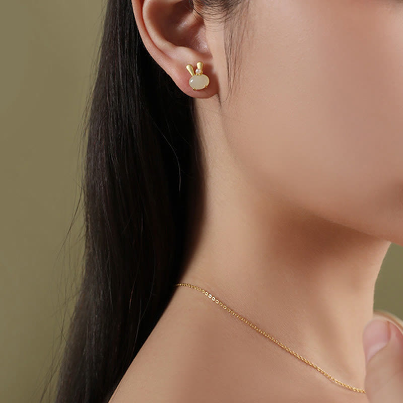 Buddha Stones 925 Sterling Silver Natural Hetian Jade Cute Rabbit Pearl Abundance Earrings - image 5