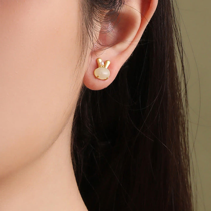 Buddha Stones 925 Sterling Silver Natural Hetian Jade Cute Rabbit Pearl Abundance Earrings - image 4