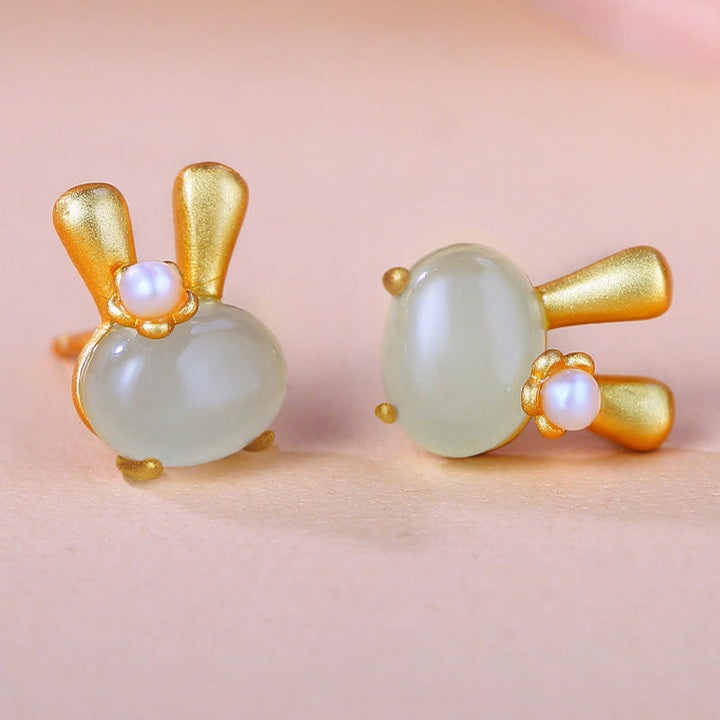 Buddha Stones 925 Sterling Silver Natural Hetian Jade Cute Rabbit Pearl Abundance Earrings - image 1