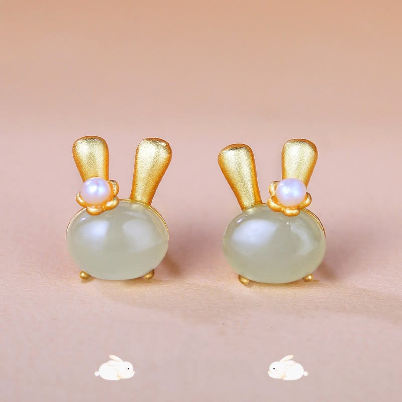 Buddha Stones 925 Sterling Silver Natural Hetian Jade Cute Rabbit Pearl Abundance Earrings - 925 Sterling Silver Hetian Jade - image 0