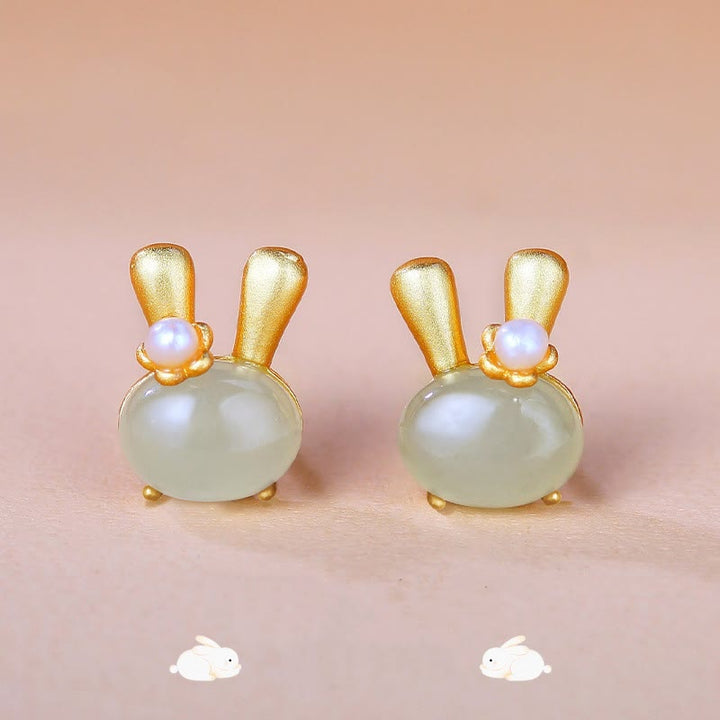 Buddha Stones 925 Sterling Silver Natural Hetian Jade Cute Rabbit Pearl Abundance Earrings - 925 Sterling Silver Hetian Jade - image 0