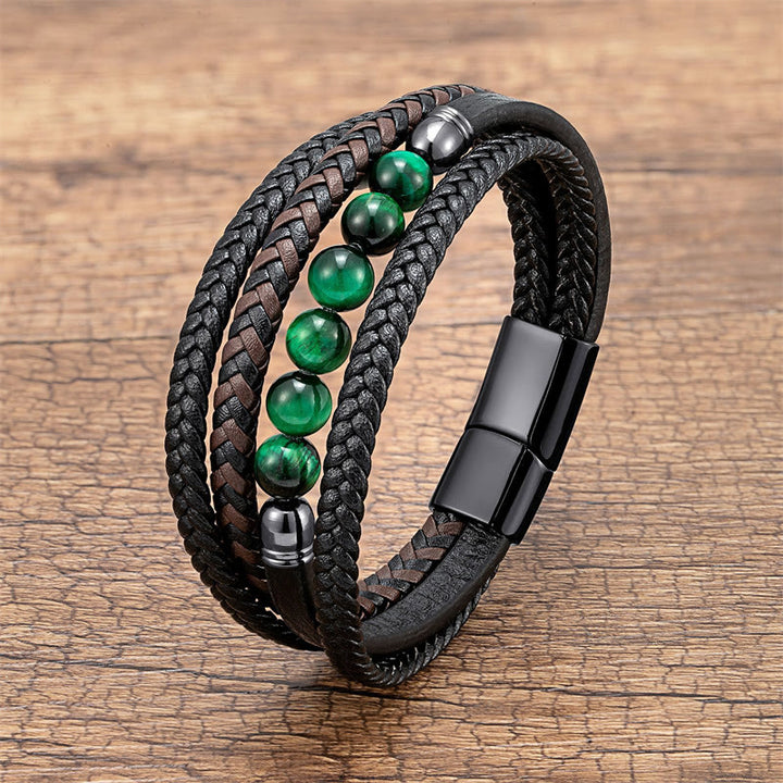 Buddha Stones Tiger Eye Lava Rock Black Onyx Lazurite Hematite Bead Positive Leather Bracelet - Green Tiger Eye - 18-22cm - image 0