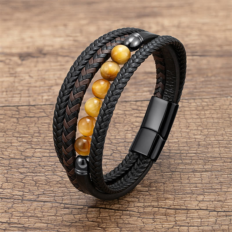 Buddha Stones Tiger Eye Lava Rock Black Onyx Lazurite Hematite Bead Positive Leather Bracelet - Yellow Tiger Eye - 18-22cm - image 5