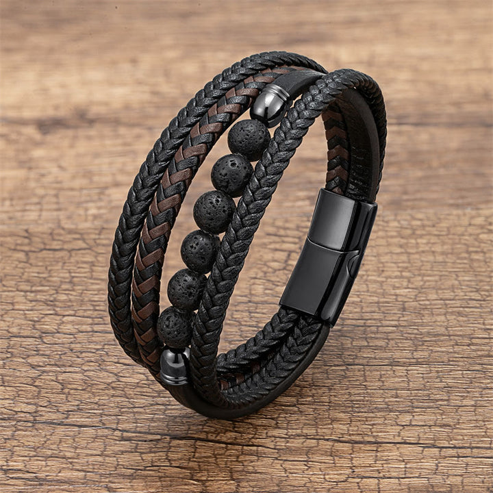 Buddha Stones Tiger Eye Lava Rock Black Onyx Lazurite Hematite Bead Positive Leather Bracelet - Lava Rock - 18-22cm - image 3