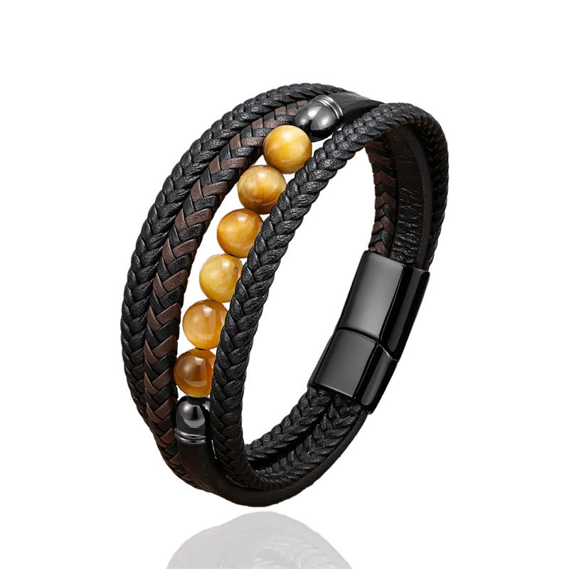 Buddha Stones Tiger Eye Lava Rock Black Onyx Lazurite Hematite Bead Positive Leather Bracelet - image 6