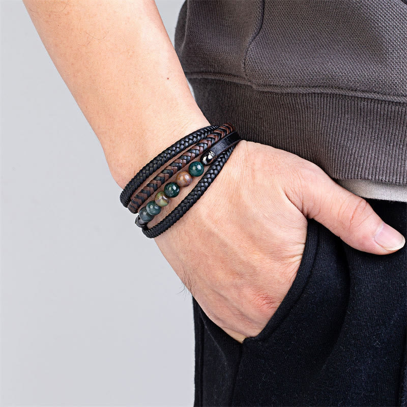 Buddha Stones Tiger Eye Lava Rock Black Onyx Lazurite Hematite Bead Positive Leather Bracelet - image 18