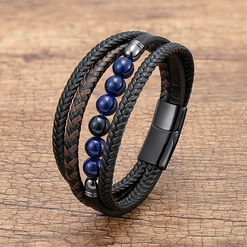 Buddha Stones Tiger Eye Lava Rock Black Onyx Lazurite Hematite Bead Positive Leather Bracelet - Lazurite - 18-22cm - image 7