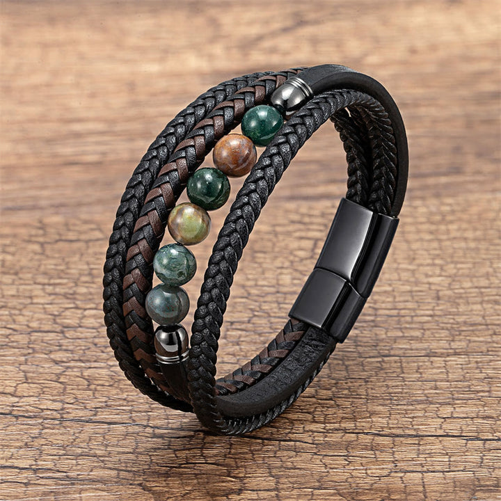 Buddha Stones Tiger Eye Lava Rock Black Onyx Lazurite Hematite Bead Positive Leather Bracelet - Indian Agate - 18-22cm - image 17