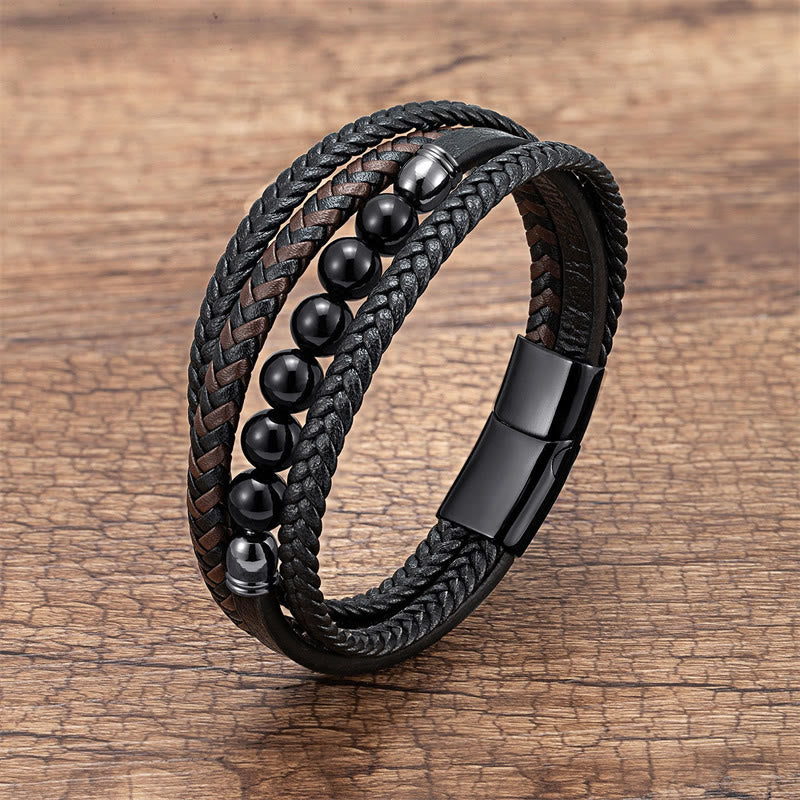 Buddha Stones Tiger Eye Lava Rock Black Onyx Lazurite Hematite Bead Positive Leather Bracelet - Black Onyx - 18-22cm - image 20