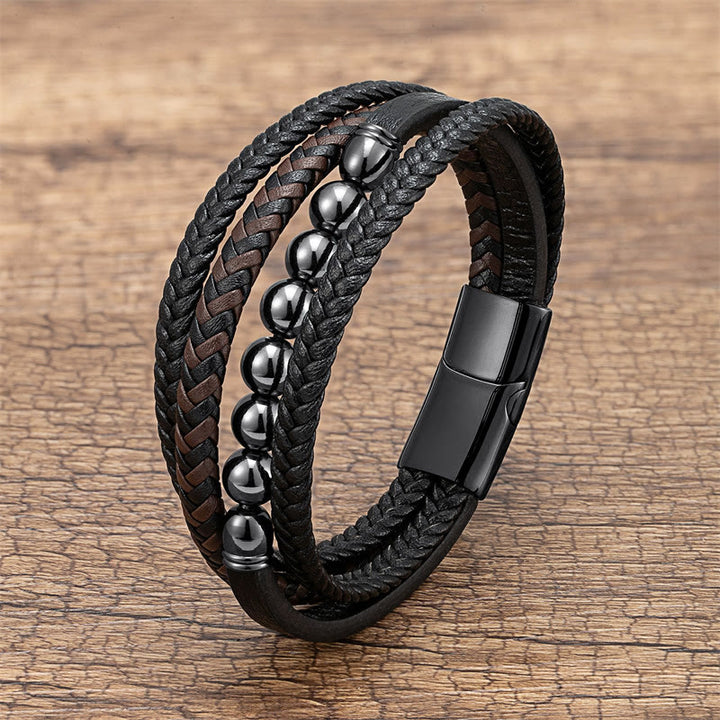 Buddha Stones Tiger Eye Lava Rock Black Onyx Lazurite Hematite Bead Positive Leather Bracelet - Hematite - 18-22cm - image 10