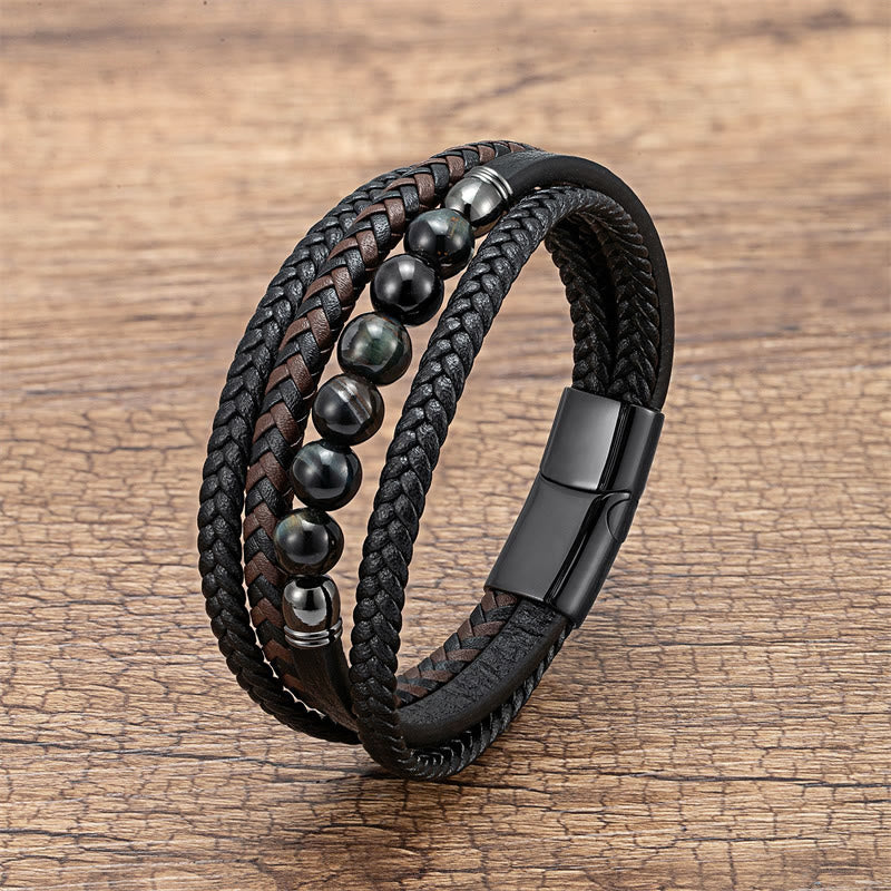 Buddha Stones Tiger Eye Lava Rock Black Onyx Lazurite Hematite Bead Positive Leather Bracelet - Agate - 18-22cm - image 12