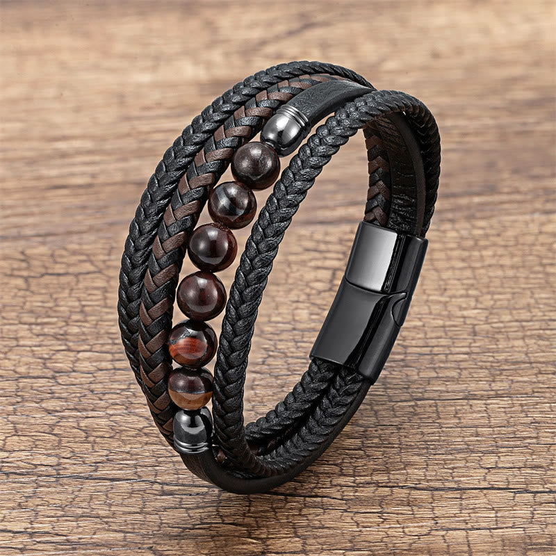 Buddha Stones Tiger Eye Lava Rock Black Onyx Lazurite Hematite Bead Positive Leather Bracelet - Brown Red Tiger Eye - 18-22cm - image 13
