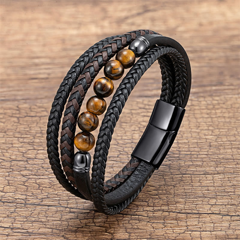 Buddha Stones Tiger Eye Lava Rock Black Onyx Lazurite Hematite Bead Positive Leather Bracelet - Tiger Eye - 18-22cm - image 14