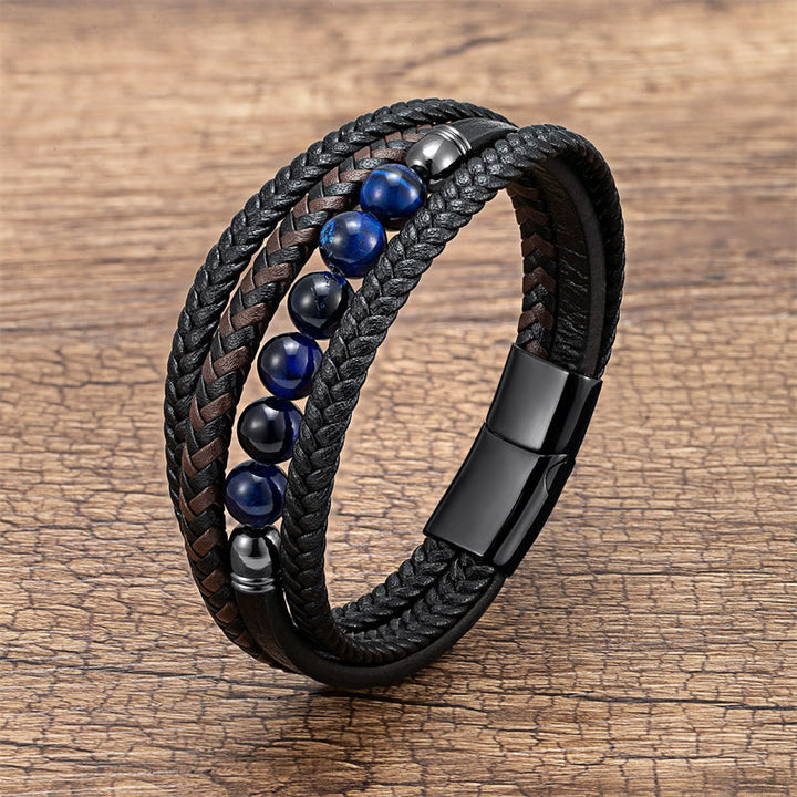Buddha Stones Tiger Eye Lava Rock Black Onyx Lazurite Hematite Bead Positive Leather Bracelet - Blue Tiger Eye - 18-22cm - image 15