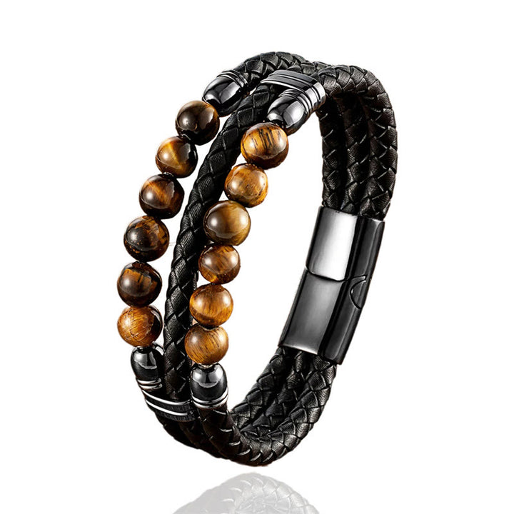 Buddha Stones Tiger Eye Hematite Lava Rock Black Onyx Lazurite Beads Protection Strength Leather Bracelet - image 8