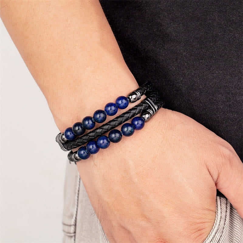 Buddha Stones Tiger Eye Hematite Lava Rock Black Onyx Lazurite Beads Protection Strength Leather Bracelet - image 18