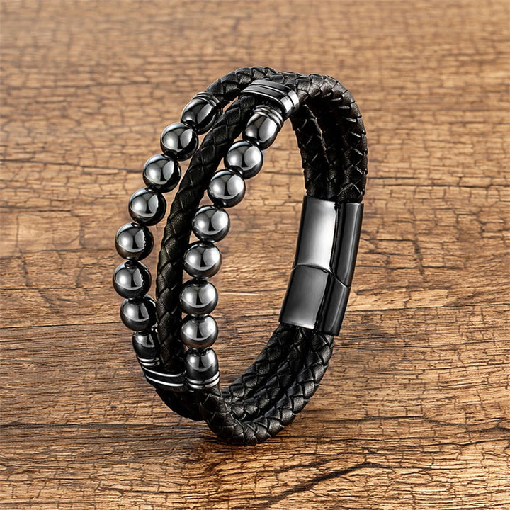 Buddha Stones Tiger Eye Hematite Lava Rock Black Onyx Lazurite Beads Protection Strength Leather Bracelet - Hematite - 18-22cm - image 5