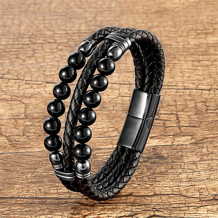 Buddha Stones Tiger Eye Hematite Lava Rock Black Onyx Lazurite Beads Protection Strength Leather Bracelet - Black Onyx - 18-22cm - image 13
