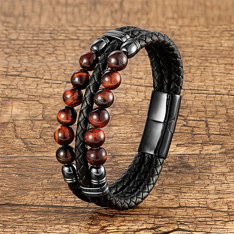 Buddha Stones Tiger Eye Hematite Lava Rock Black Onyx Lazurite Beads Protection Strength Leather Bracelet - Brown Red Tiger Eye - 18-22cm - image 10