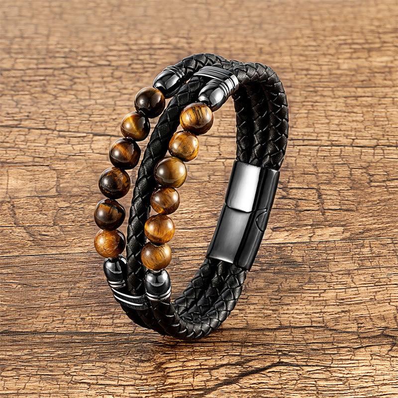 Buddha Stones Tiger Eye Hematite Lava Rock Black Onyx Lazurite Beads Protection Strength Leather Bracelet - Tiger Eye - 18-22cm - image 7