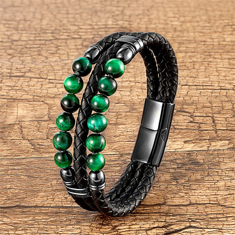 Buddha Stones Tiger Eye Hematite Lava Rock Black Onyx Lazurite Beads Protection Strength Leather Bracelet - Green Tiger Eye - 18-22cm - image 15