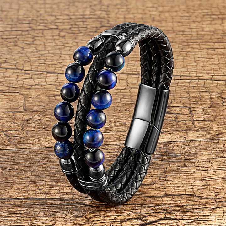 Buddha Stones Tiger Eye Hematite Lava Rock Black Onyx Lazurite Beads Protection Strength Leather Bracelet - Blue Tiger Eye - 18-22cm - image 0