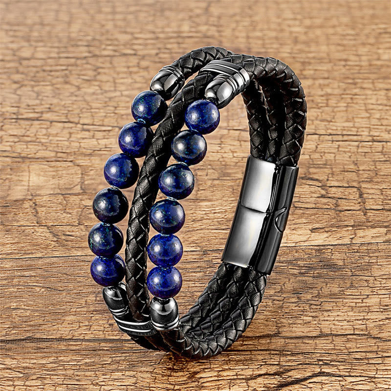Buddha Stones Tiger Eye Hematite Lava Rock Black Onyx Lazurite Beads Protection Strength Leather Bracelet - Lazurite - 18-22cm - image 17