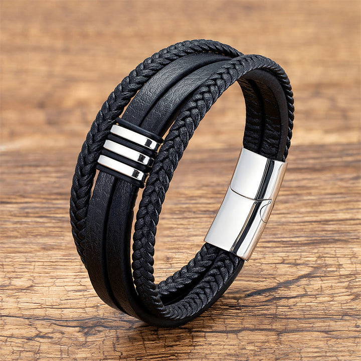 Buddha Stones Handmade Braided Leather Calm Titanium Steel Buckle Bracelet - Silver - 18-22cm - image 2