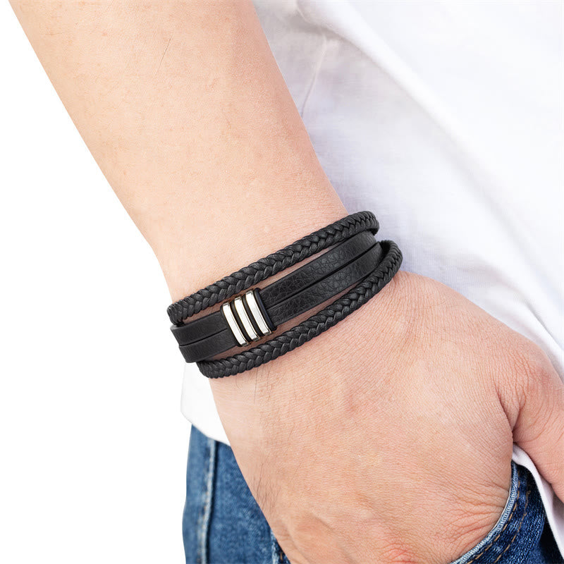 Buddha Stones Handmade Braided Leather Calm Titanium Steel Buckle Bracelet - image 3