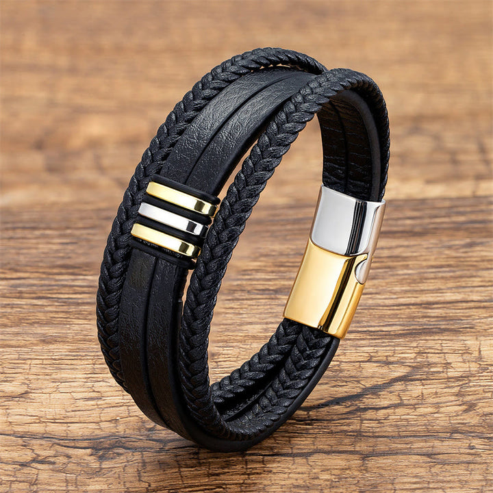 Buddha Stones Handmade Braided Leather Calm Titanium Steel Buckle Bracelet - Gold Silver - 18-22cm - image 6