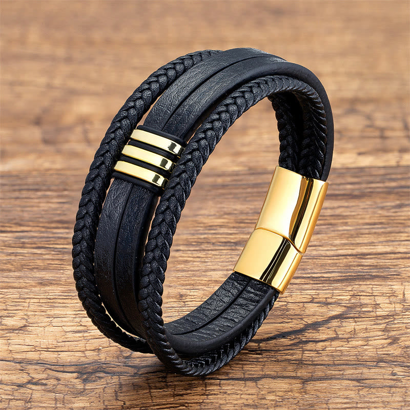 Buddha Stones Handmade Braided Leather Calm Titanium Steel Buckle Bracelet - Gold - 18-22cm - image 8