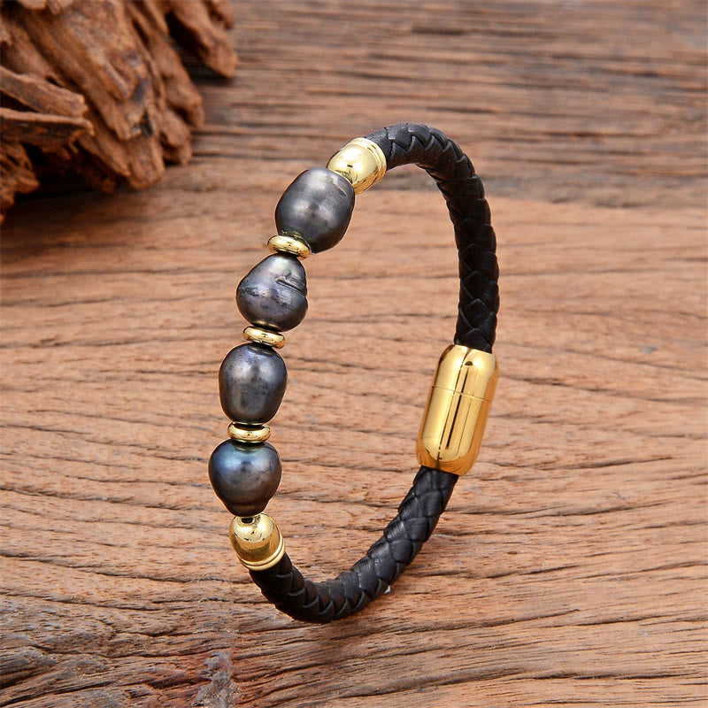 Buddha Stones Handmade Irregular Shaped Pearls Healing Leather Titanium Steel Buckle Bracelet - Gray Pearl-Gold - 18-22cm - image 0