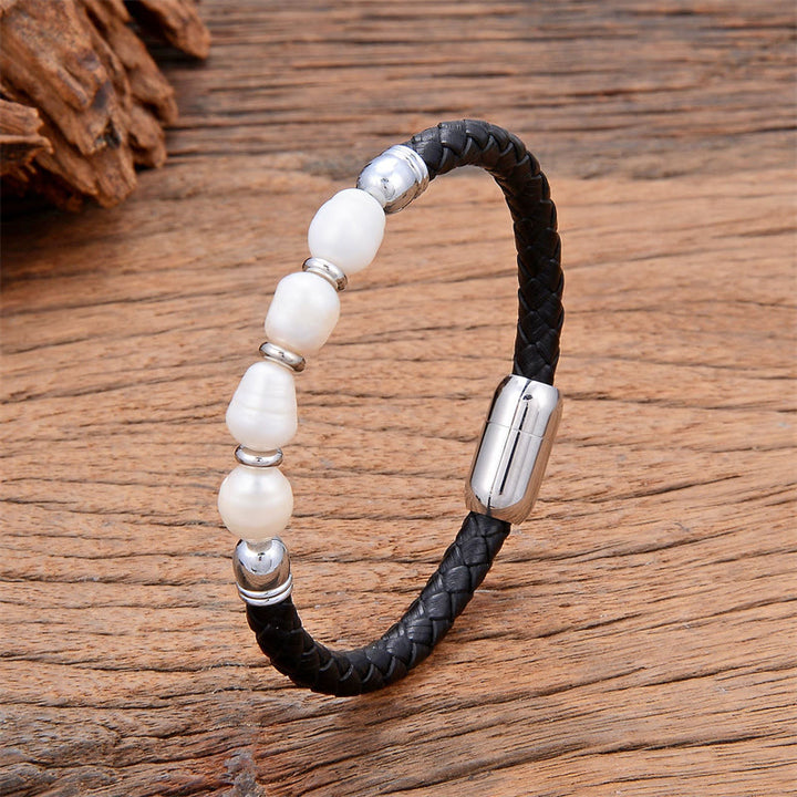 Buddha Stones Handmade Irregular Shaped Pearls Healing Leather Titanium Steel Buckle Bracelet - White Pearl-Silver - 18-22cm - image 7