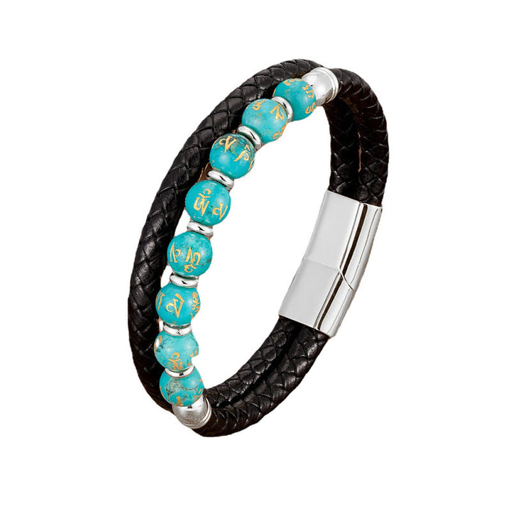 Buddha Stones Black Onyx Turquoise Tiger Eye Red Agate Om Mani Padme Hum Strength Leather Bracelet - image 8