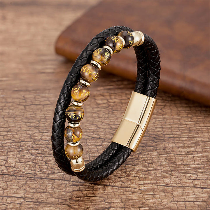 Buddha Stones Black Onyx Turquoise Tiger Eye Red Agate Om Mani Padme Hum Strength Leather Bracelet - Tiger Eye - Gold - 18-22cm - image 16