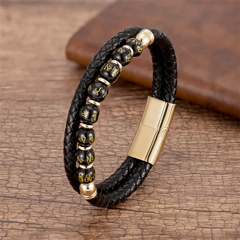 Buddha Stones Black Onyx Turquoise Tiger Eye Red Agate Om Mani Padme Hum Strength Leather Bracelet - Black Onyx - Gold - 18-22cm - image 0