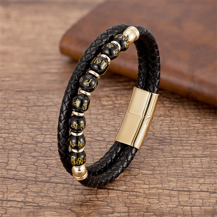 Buddha Stones Black Onyx Turquoise Tiger Eye Red Agate Om Mani Padme Hum Strength Leather Bracelet - Black Onyx - Gold - 18-22cm - image 0