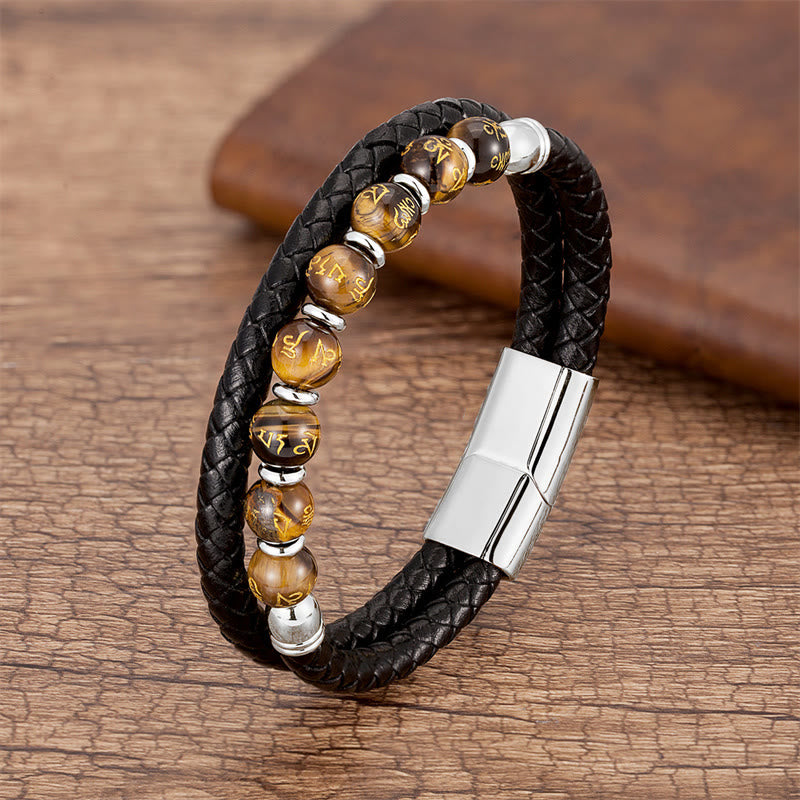 Buddha Stones Black Onyx Turquoise Tiger Eye Red Agate Om Mani Padme Hum Strength Leather Bracelet - Tiger Eye - Silver - 18-22cm - image 17