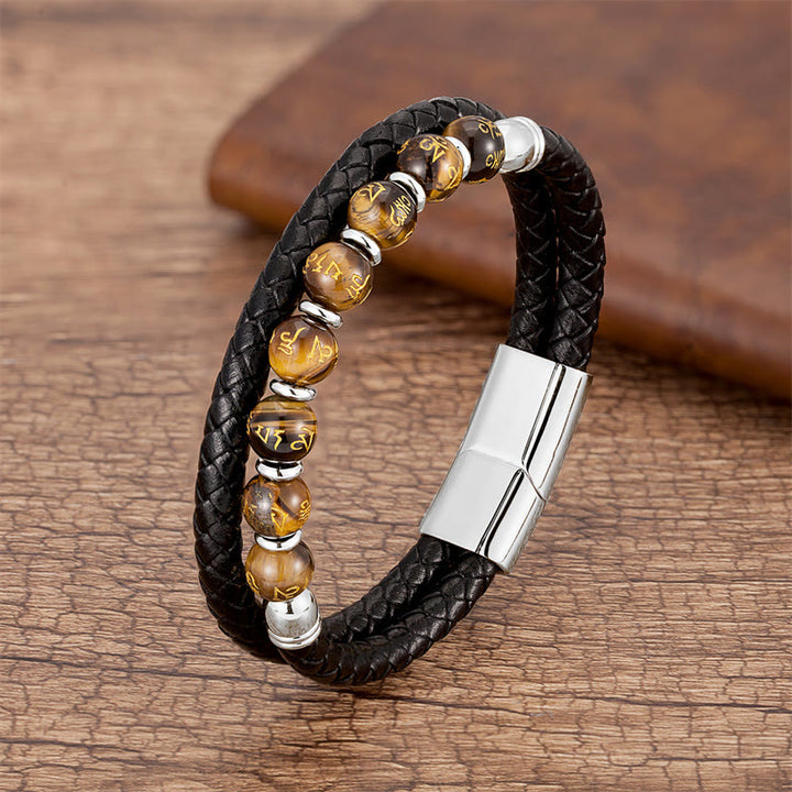 Buddha Stones Black Onyx Turquoise Tiger Eye Red Agate Om Mani Padme Hum Strength Leather Bracelet - Tiger Eye - Silver - 18-22cm - image 17