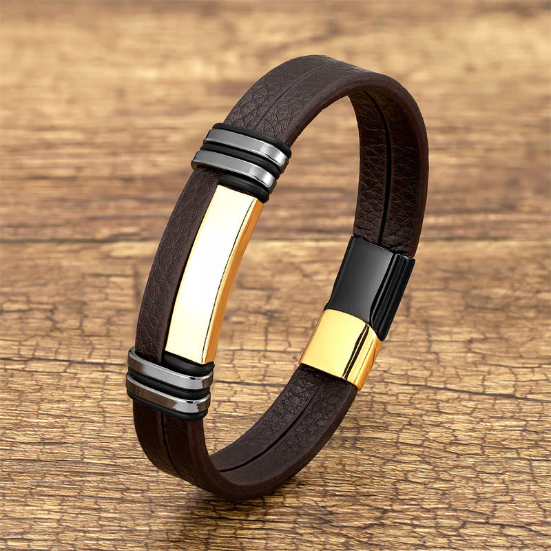 Buddha Stones Brown Leather Titanium Steel Buckle Balance Bracelet - Black Gold - 18-22cm - image 1