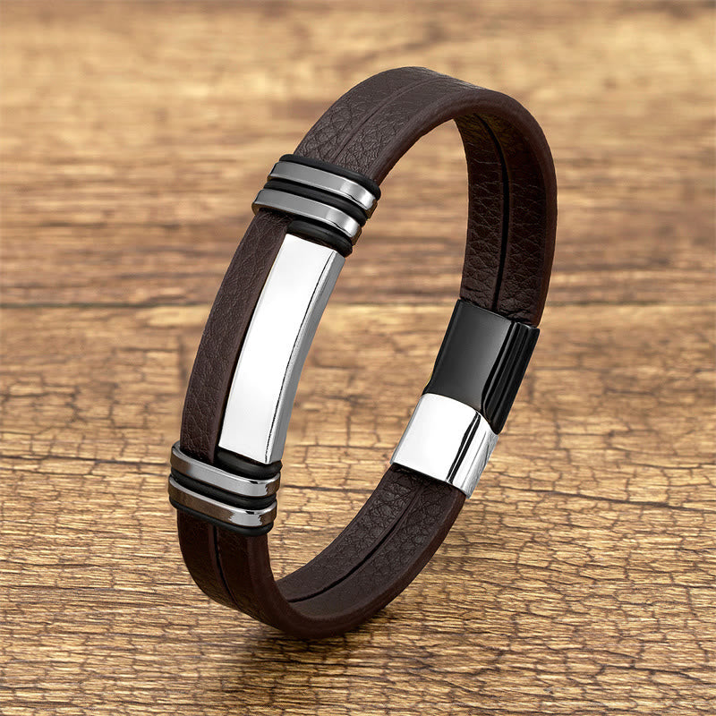 Buddha Stones Brown Leather Titanium Steel Buckle Balance Bracelet - Silver Black - 18-22cm - image 7